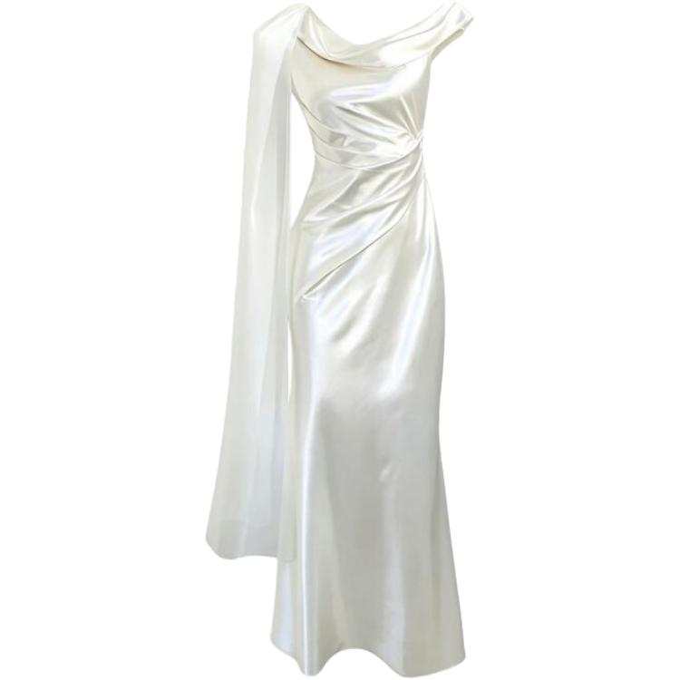 CHARM GLOW Evening Dresses Women's White Asymmetrical Collar Moderate Long Skirt A Line Skirt