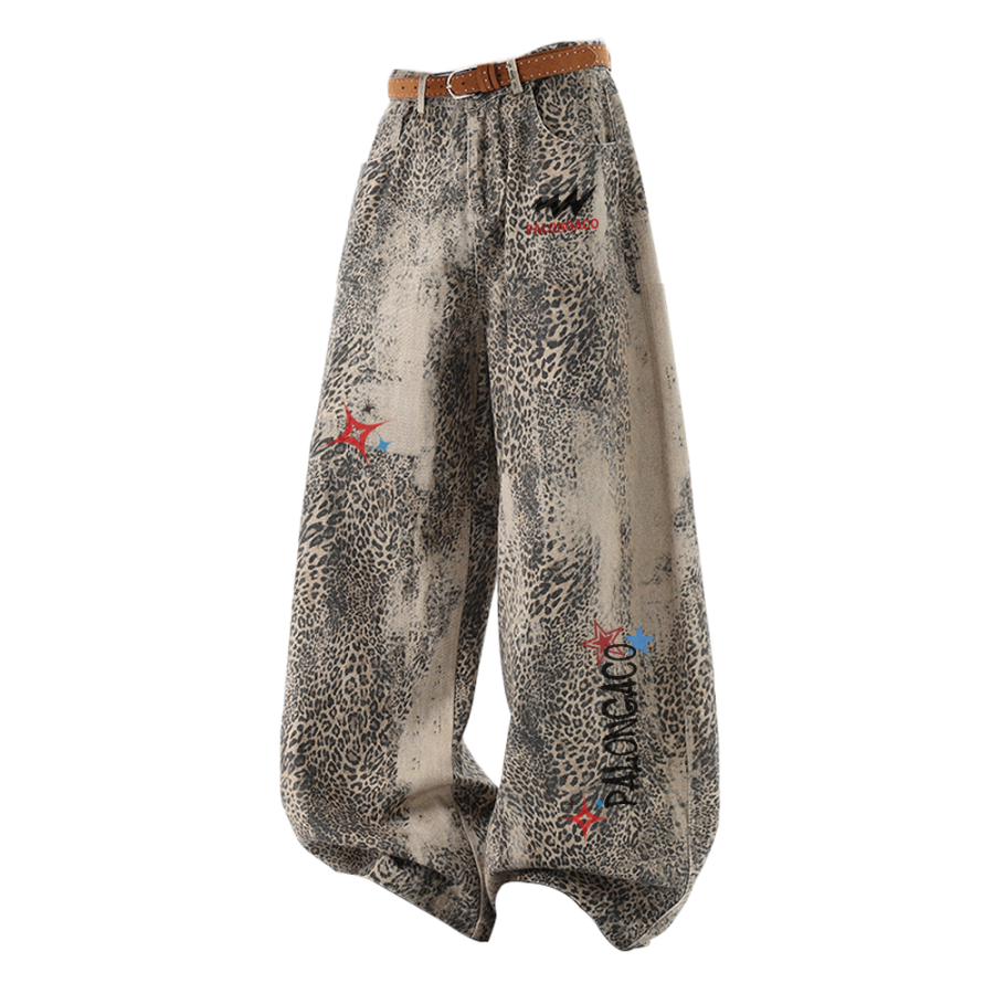 PAL ONGACO Jeans Unisex Leopard Print Moderate Wide Leg Pants