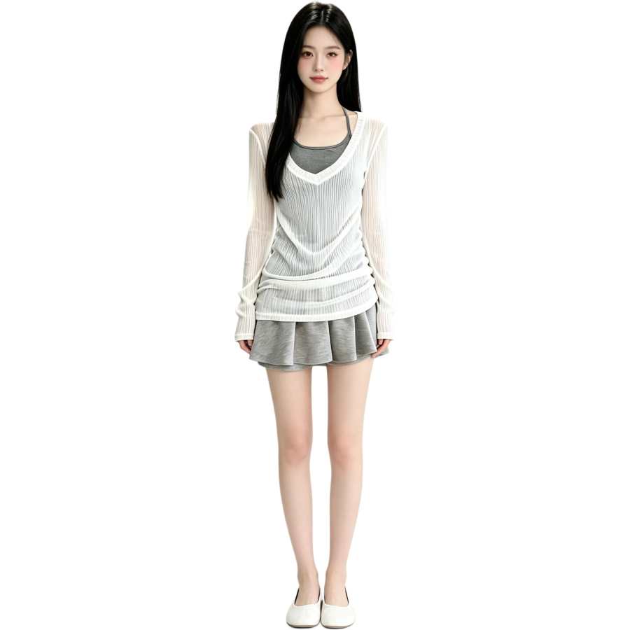 MARIE·COCO Two Piece Skirt Sets Women's V Neck Moderate Short Skirt