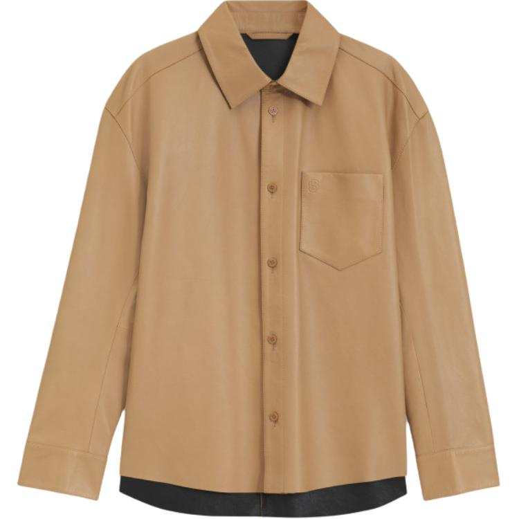 HUGO BOSS Leather Jackets Men's Khaki Lapel Moderate Straight Fit