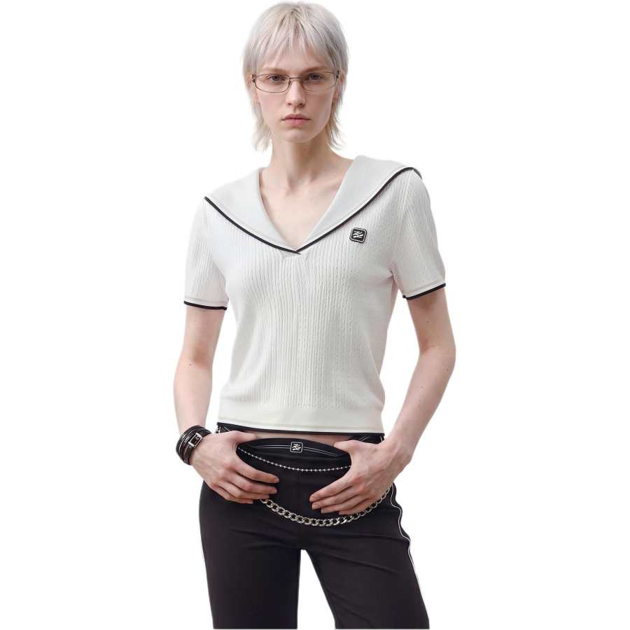 KARL LAGERFELD / Karl Lagerfeld Jeans Knitwear Women's White Navy Collar Thin