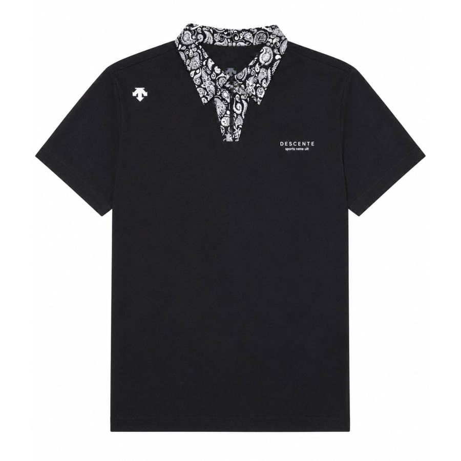 DESCENTE T Shirts Unisex Black Polo Collar Moderate Straight Fit