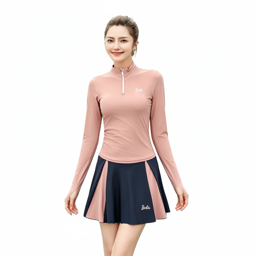 Barbie Two Piece Swimsuits Women's Pastel Pink Stand Collar Moderate Short Skirt Two Piece Swimsuit