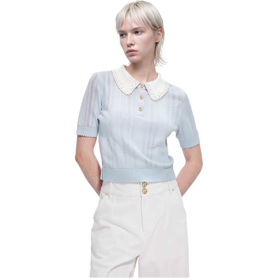 KARL LAGERFELD / Karl Lagerfeld Jeans Knitwear Women's Blue Polo Collar Moderate Straight Fit