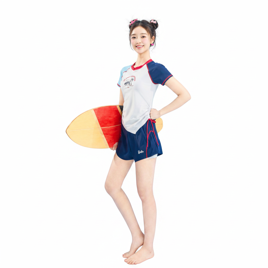 Barbie Two Piece Swimsuits Women's Beige White Blue Crew Neck Moderate Square Leg Two Piece Swimsuit