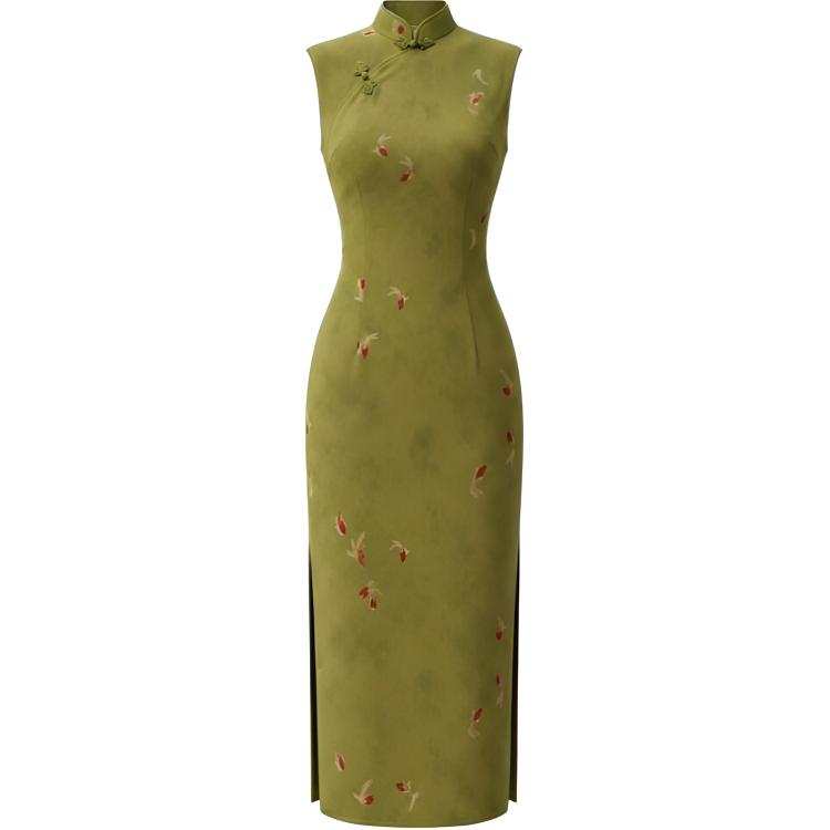 CHARM GLOW Cheongsams Women's Green Cheongsam Collar Thin Bodycon Skirt