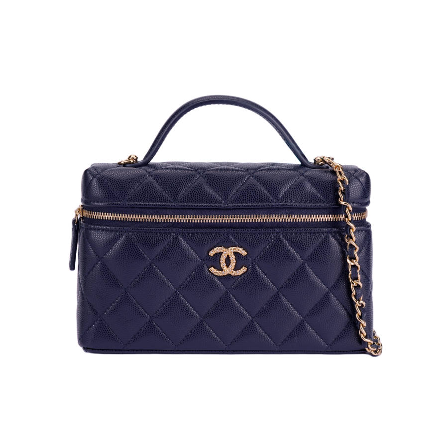 CHANEL Calfskin & Crystal & Gold Metal Portable Makeup Bag Women's Dark Blue