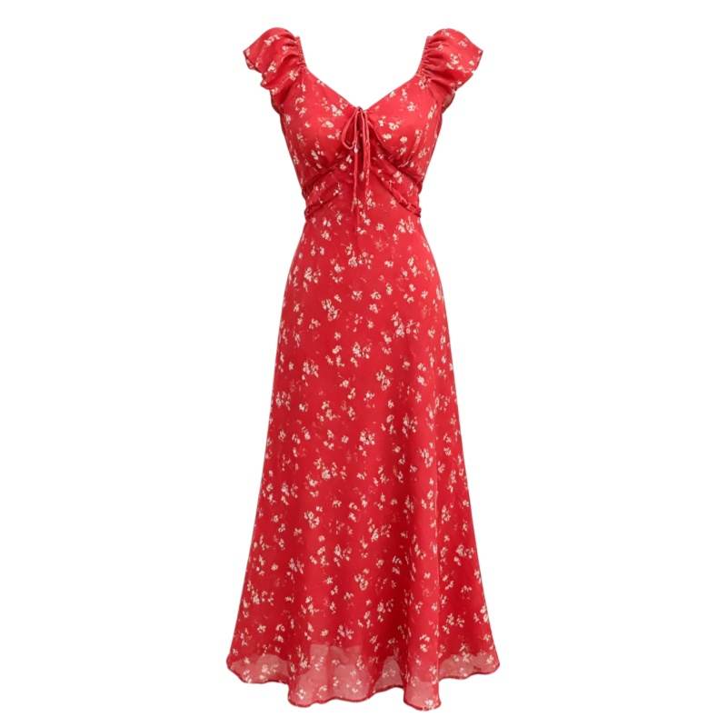 CPAURA Short Sleeved Dresses Women's Red Floral Dress V Neck Moderate Long Skirt A Line Skirt