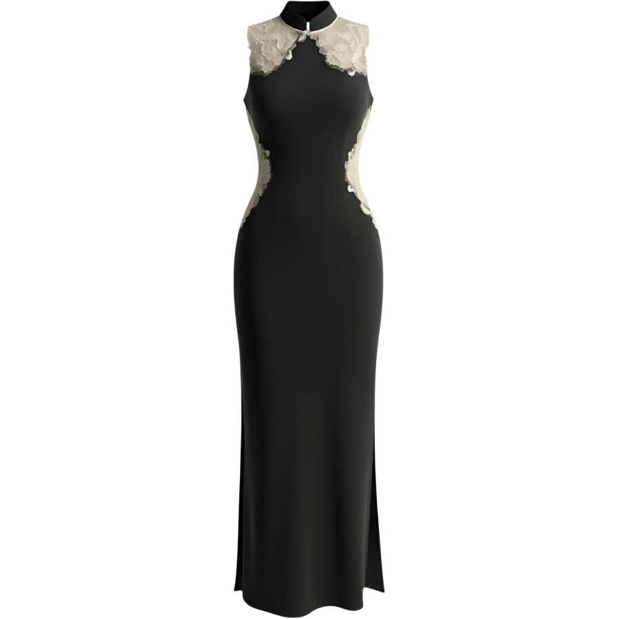 CHARM GLOW Cheongsams Women's Black Cheongsam Collar Thin Fishtail Dress