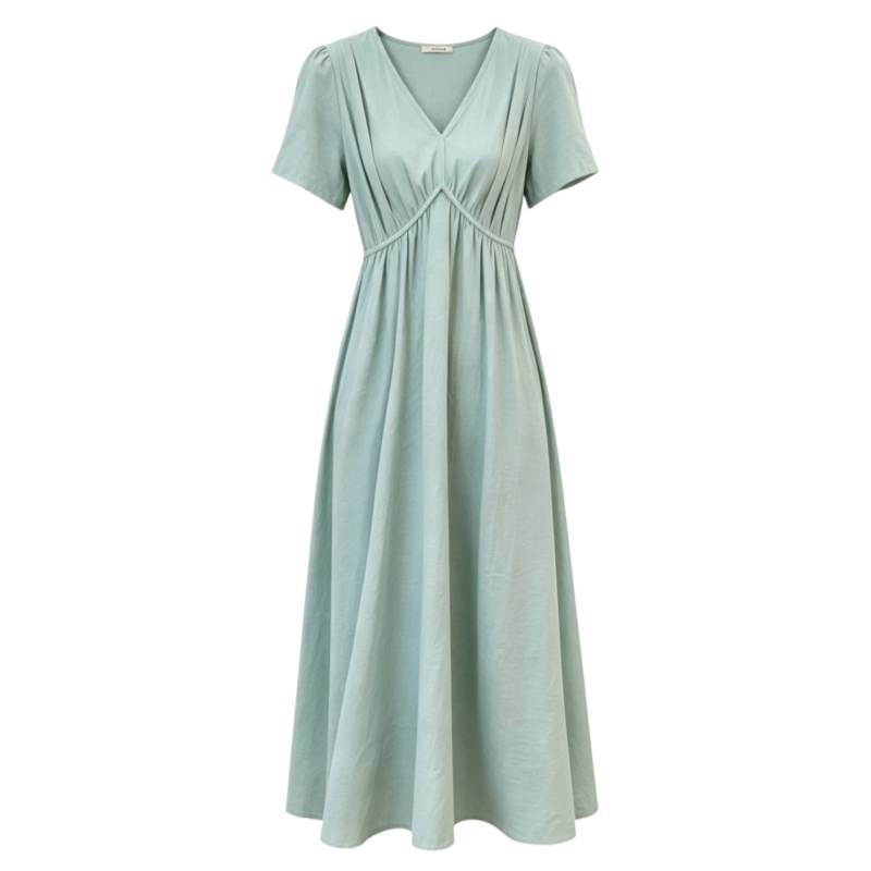 CPAURA Short Sleeved Dresses Women's Blue V Neck Moderate Long Skirt A Line Skirt