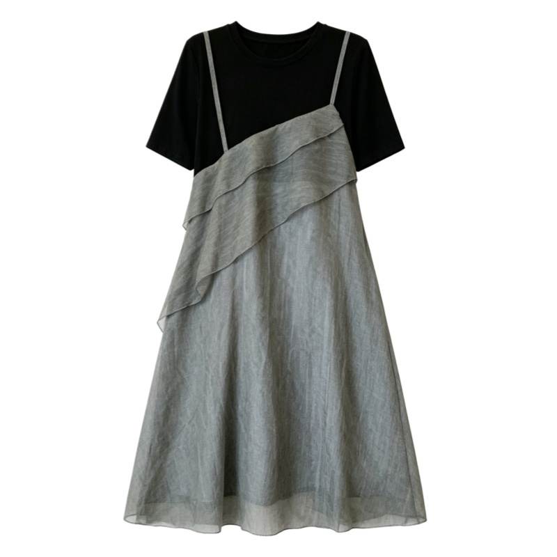 CPAURA Short Sleeved Dresses Women's Image Color Crew Neck Moderate Midi Skirt A Line Skirt