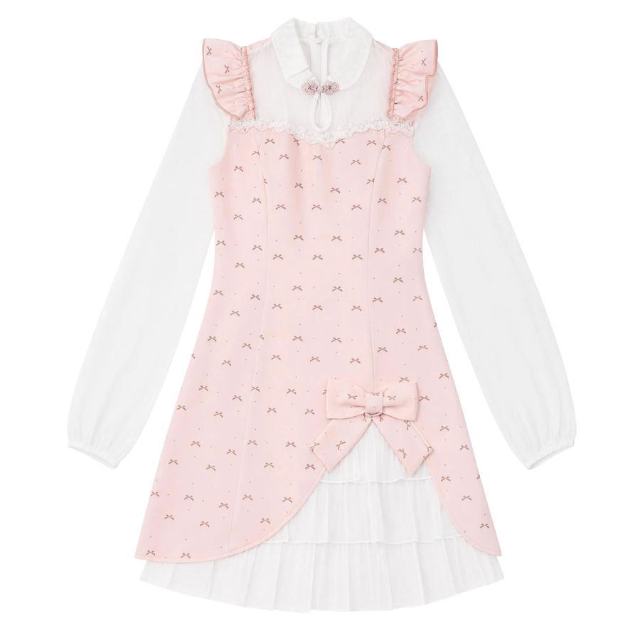 FABRIC PIG Long Sleeved Dresses Women's Pink Long Sleeved Short Skirt Cheongsam Collar Moderate Short Skirt A Line Skirt