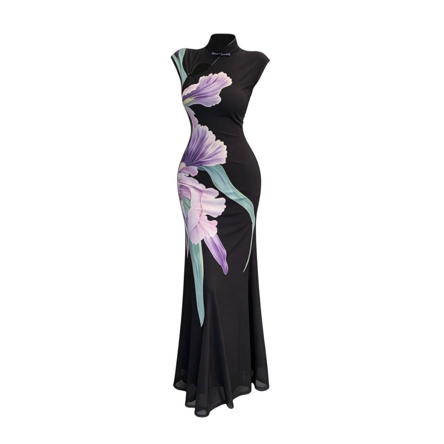 TUSHIFEI Sleeveless Dresses Women's Black Stand Collar Moderate Long Skirt Bodycon Skirt