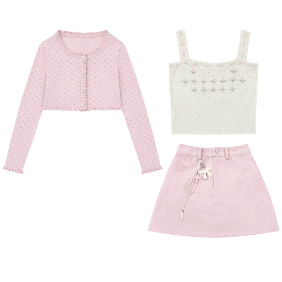 FABRIC PIG Two Piece Skirt Sets Women's Pink Cardigan+Camisole+Short Skirt Thin Short Skirt