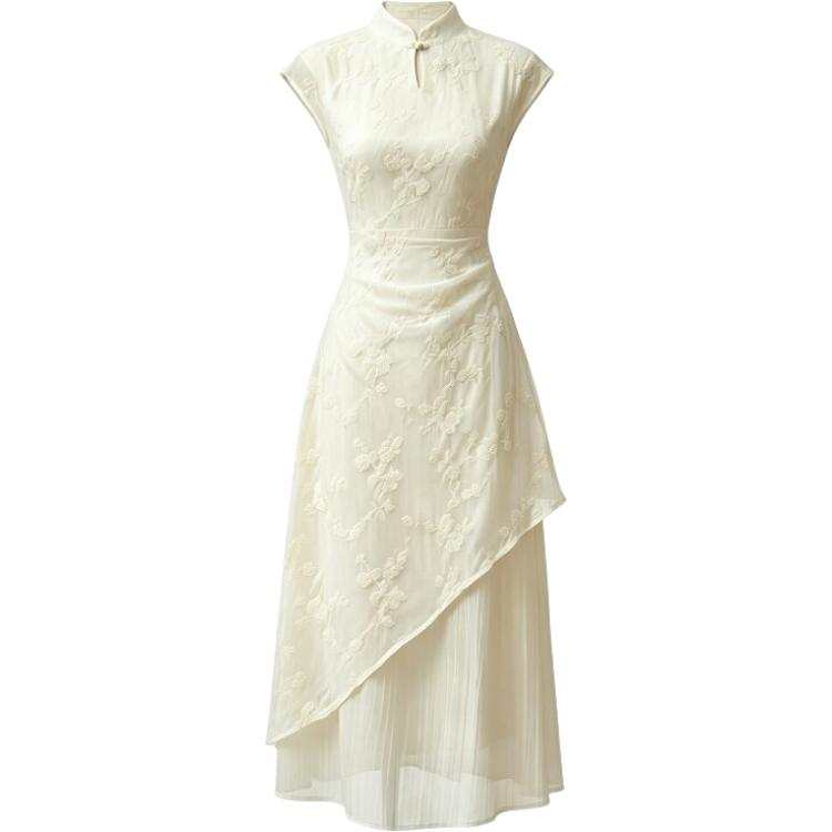 CHARM GLOW Cheongsams Women's Apricot Cheongsam Collar Thin A Line Skirt
