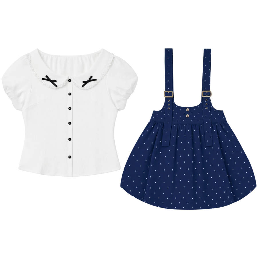 FABRIC PIG Two Piece Skirt Sets Women's Ecru Top+Blue Short Skirt Lapel Thin Short Skirt