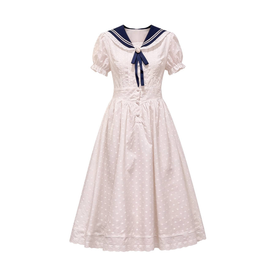 TUSHIFEI Short Sleeved Dresses Women's White Navy Collar Moderate Midi Skirt A Line Skirt