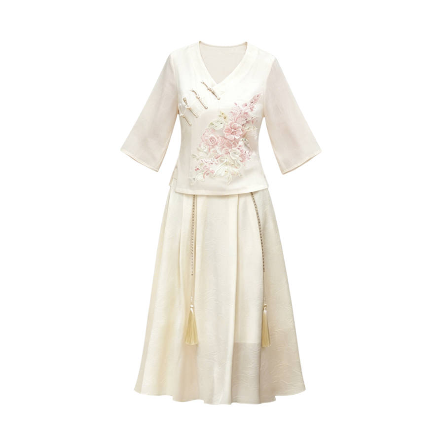 TUSHIFEI Two Piece Skirt Sets Women's V Neck Moderate Midi Skirt