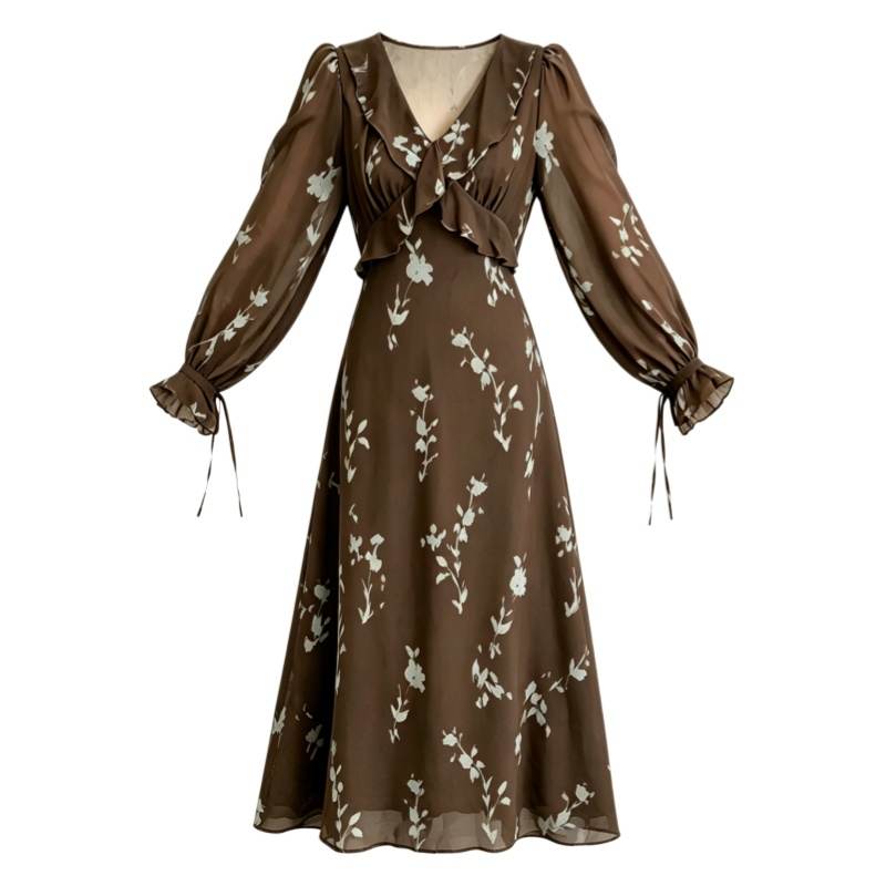 CPAURA Long Sleeved Dresses Women's Coffee V Neck Moderate Long Skirt A Line Skirt
