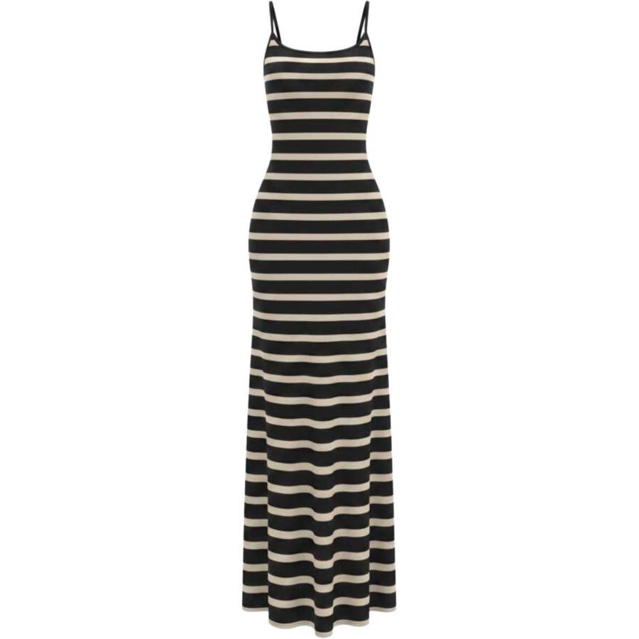 CHARM GLOW Slip Dresses Women's Black White Stripes Moderate Long Skirt Bodycon Skirt
