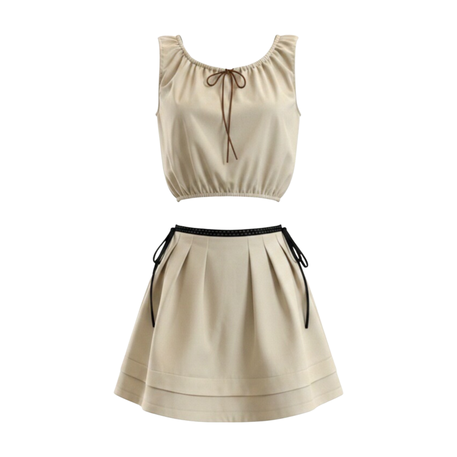FINDSME GAGA Two Piece Skirt Sets Women's Crew Neck Thin Short Skirt
