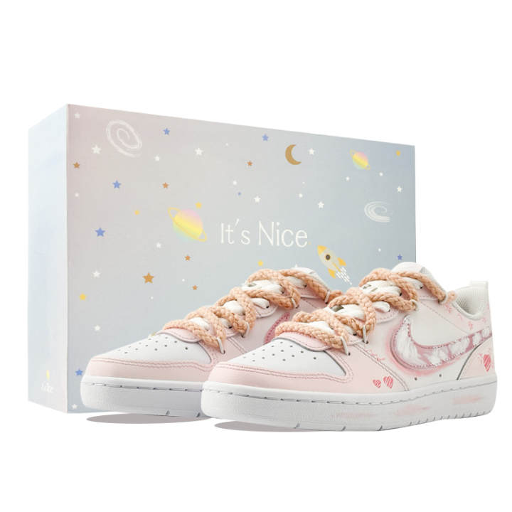 Nike Nike Court Borough Skateboard Shoes Women's Low Top Pink White Gradient Heart Graffiti Colorway