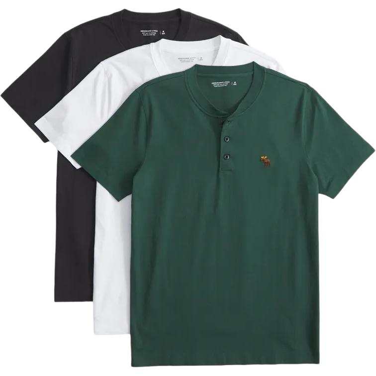 Abercrombie&Fitch T Shirts Men's Green+Black+White Henry Collar Straight Fit