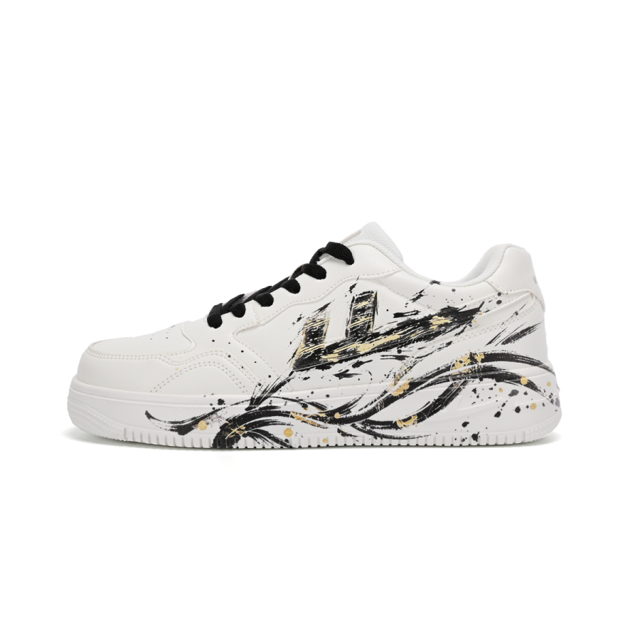 WARRIOR Skateboard Shoes Unisex Low Top White Black Gold Ink Wash Color Block