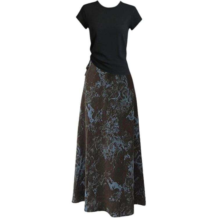 CHARM GLOW Two Piece Skirt Sets Women's Crew Neck Moderate Long Skirt