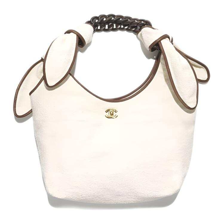 CHANEL Canvas With Cow Leather & Wooden & Gold Metal Hobo Bag, Handbag Extra Large Women's Ivory And Camel