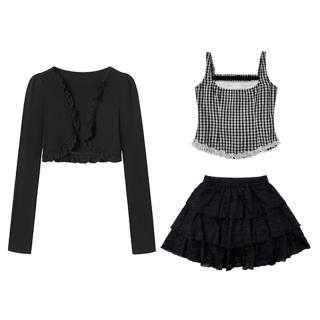 FABRIC PIG Two Piece Skirt Sets Women's Black Cardigan+Plaid Camisole+Short Skirt Camisole Thin Short Skirt
