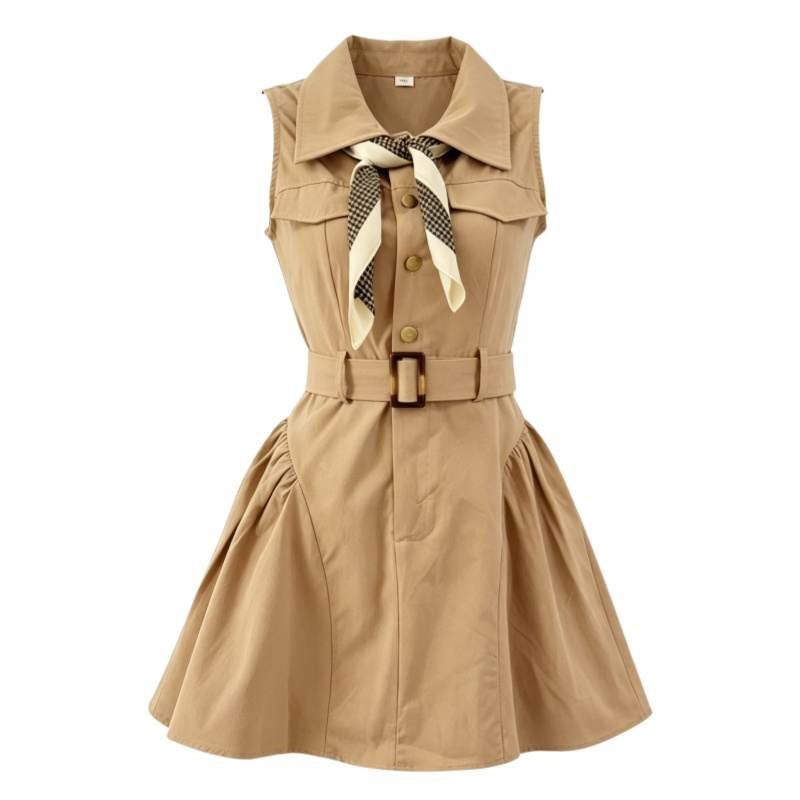 CPAURA Sleeveless Dresses Women's Khaki Dress With Ribbon Lapel Moderate Short Skirt A Line Skirt