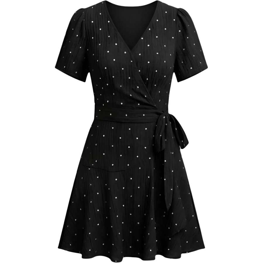 CHARM GLOW Short Sleeved Dresses Women's Black V Neck Moderate Short Skirt A Line Skirt