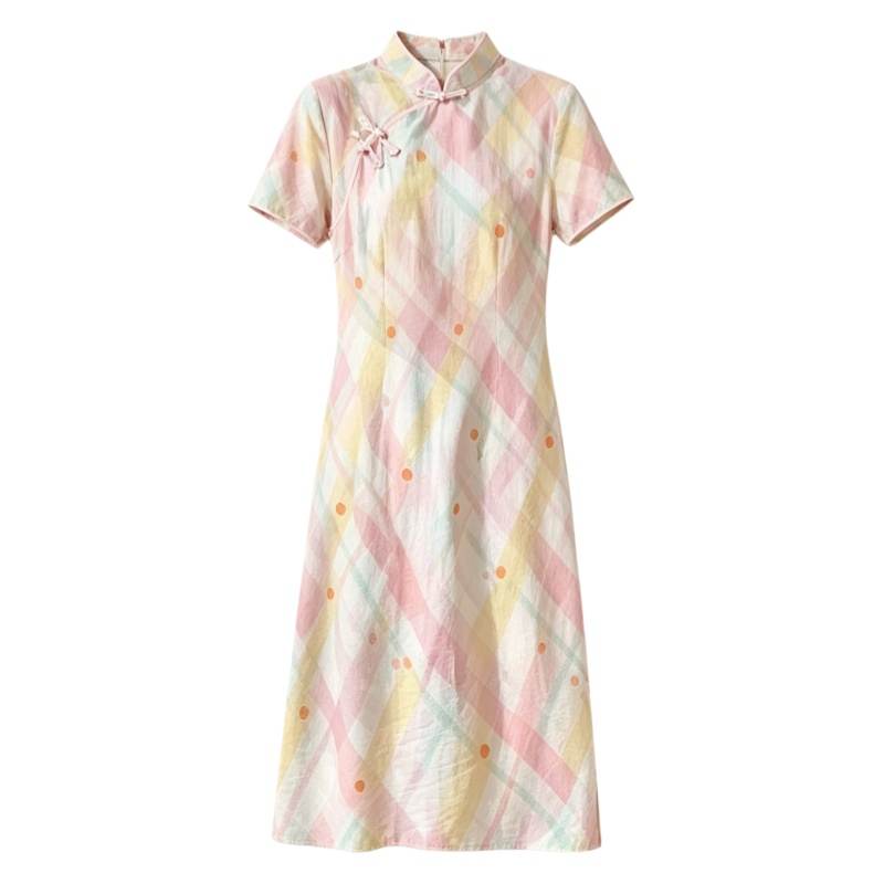 CPAURA Short Sleeved Dresses Women's Image Color Stand Collar Moderate Long Skirt A Line Skirt