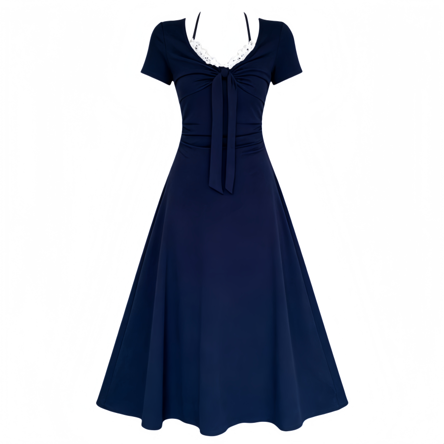CPAURA Short Sleeved Dresses Women's Dark Blue Halter Moderate Long Skirt A Line Skirt