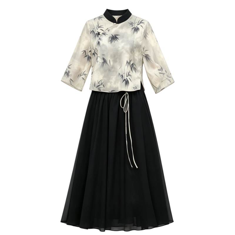 CPAURA Two Piece Skirt Sets Women's Stand Collar Moderate Long Skirt