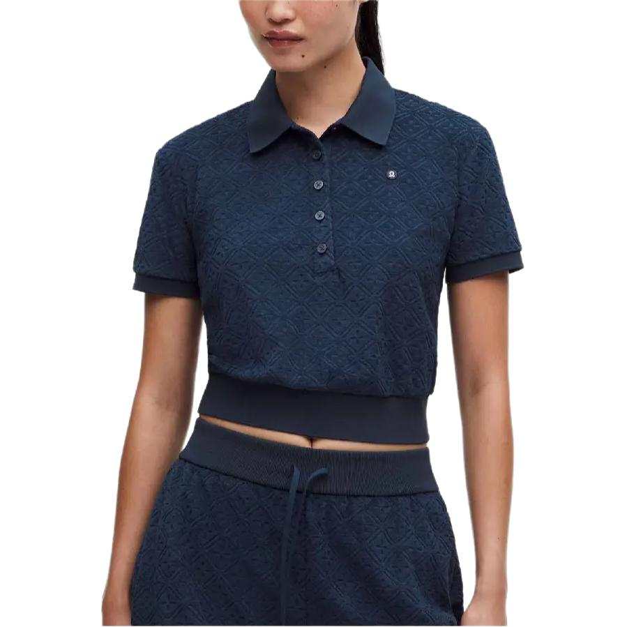 Lululemon Tennis Tops Women's Casual Blue Diamond Droplet Pattern Polo Collar Straight Fit