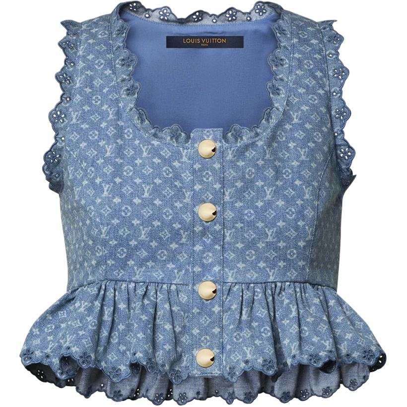 LOUIS VUITTON Monogram Crop Tops Women's Blue Crew Neck Moderate Nipped In Waist