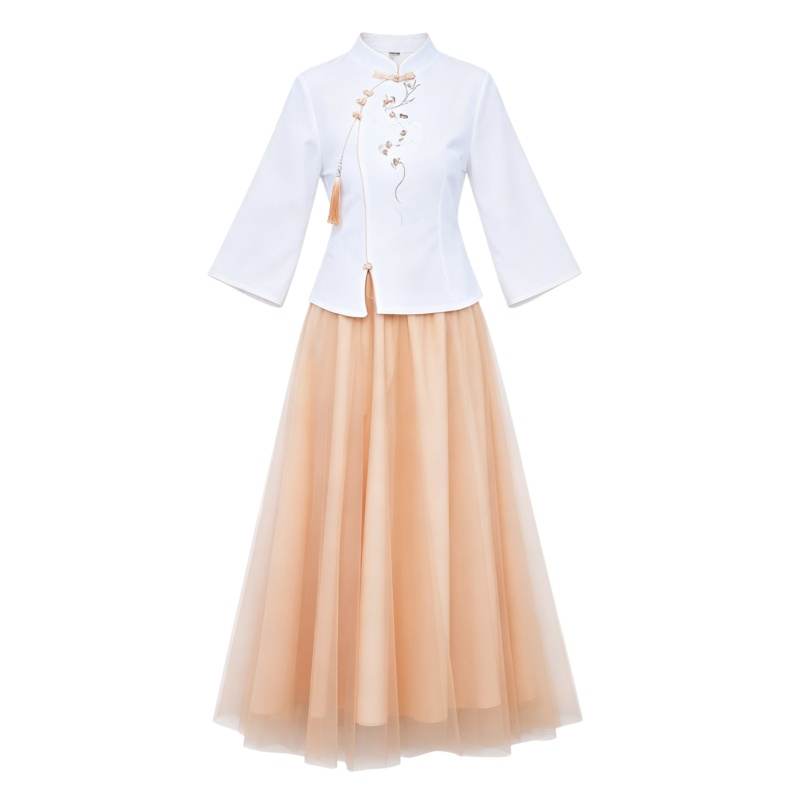 CPAURA Two Piece Skirt Sets Women's Stand Collar Moderate Long Skirt