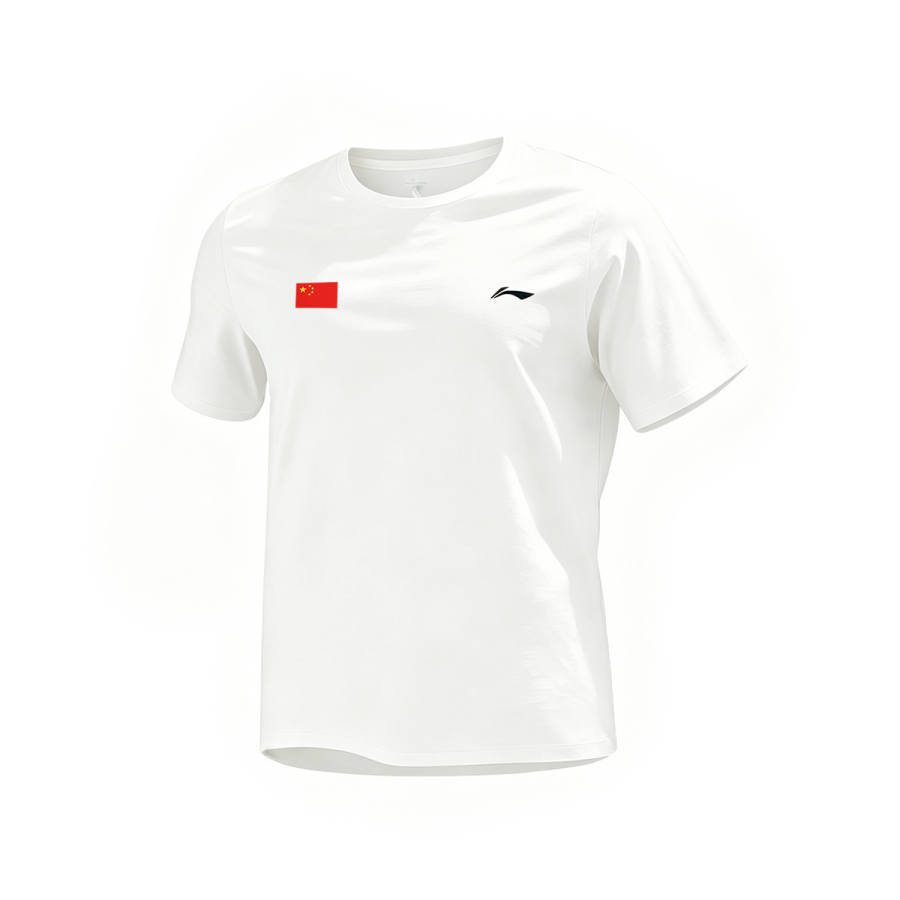 Li-Ning Li Ning T Shirts Unisex White With Label National Flag Logo Needs To Be Applied Separately Crew Neck Thin Straight Fit
