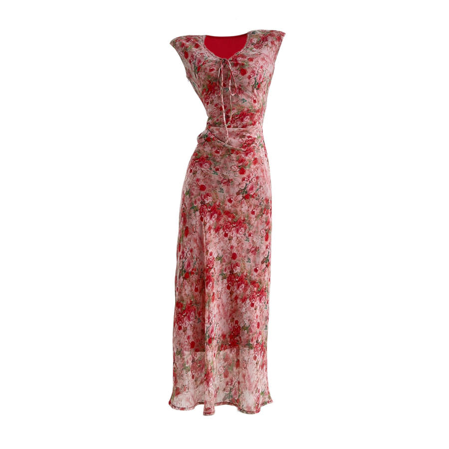 TUSHIFEI Sleeveless Dresses Women's Pink Floral V Neck Moderate Long Skirt Fishtail Dress