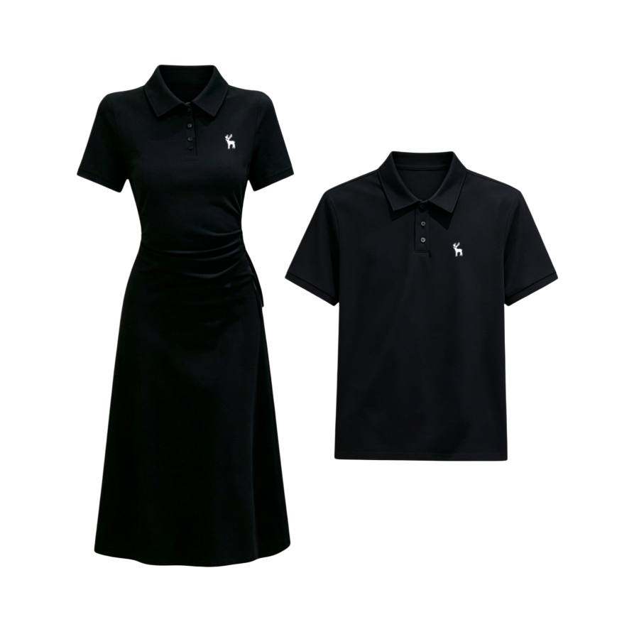 TUSHIFEI Couple Sets Women's Polo Collar Moderate Midi Skirt