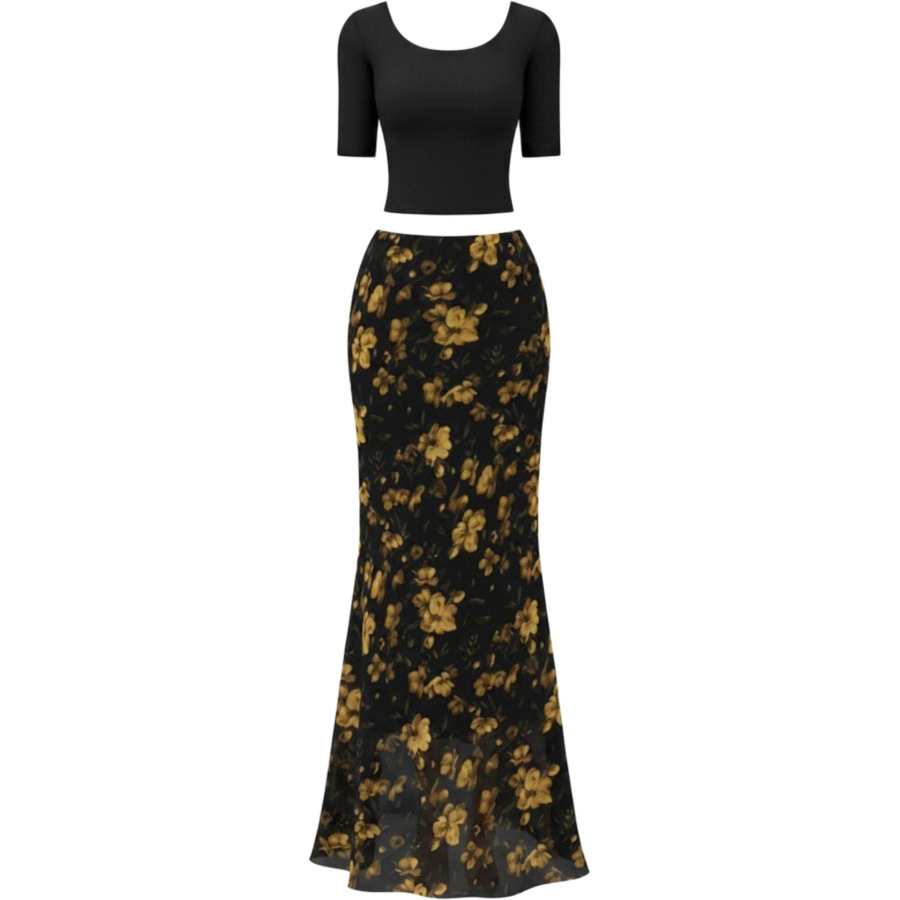 CHARM GLOW Two Piece Skirt Sets Women's Crew Neck Moderate Long Skirt