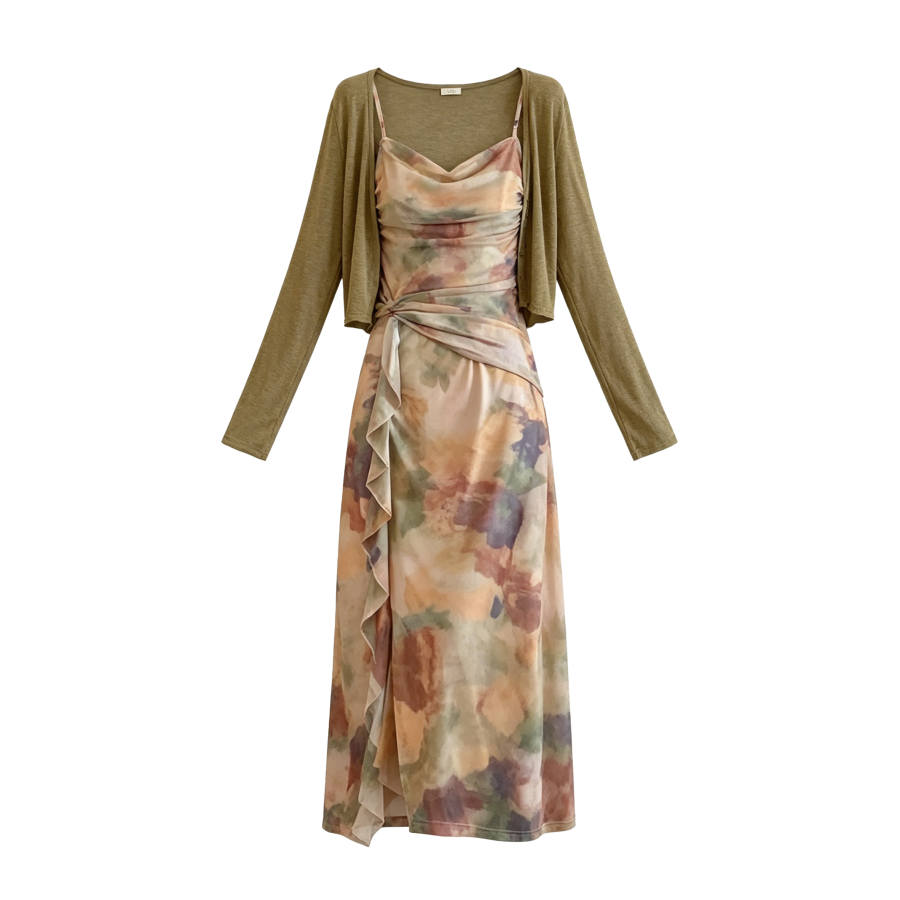 CPAURA Two Piece Skirt Sets Women's Camisole Moderate Long Skirt
