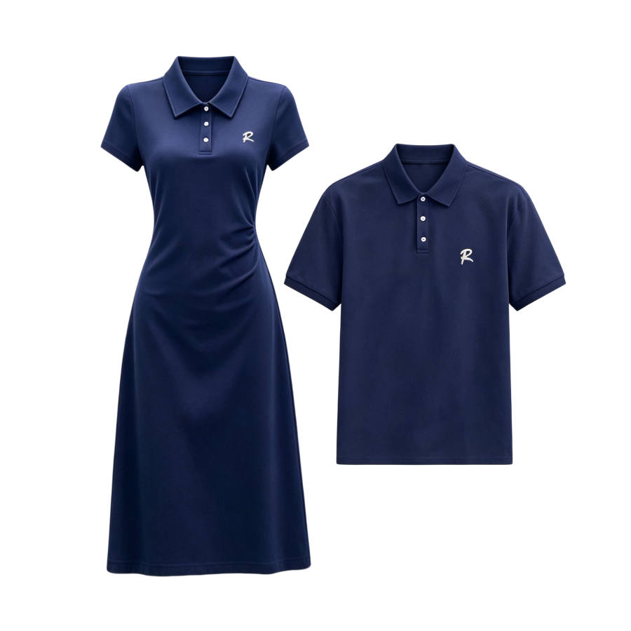 TUSHIFEI Couple Sets Women's Polo Collar Moderate Midi Skirt