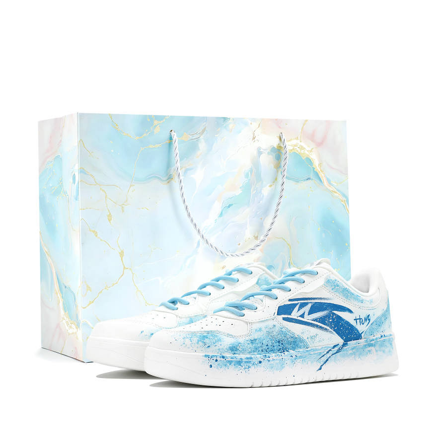 ANTA Easy Skateboard Shoes Men's Low Top White Blue Gradient Ink Splatter Colorway
