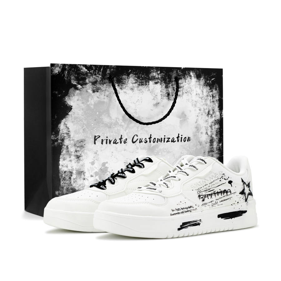 ANTA Easy Skateboard Shoes Men's Low Top White Black Color Block Graffiti Colorway