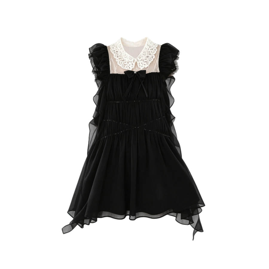 TUSHIFEI Short Sleeved Dresses Women's Black Peter Pan Collar Moderate Short Skirt A Line Skirt