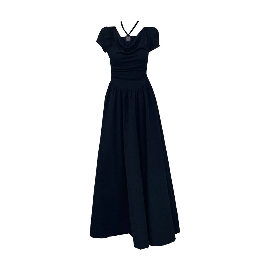 CPAURA Short Sleeved Dresses Women's Black Halter Moderate Long Skirt A Line Skirt