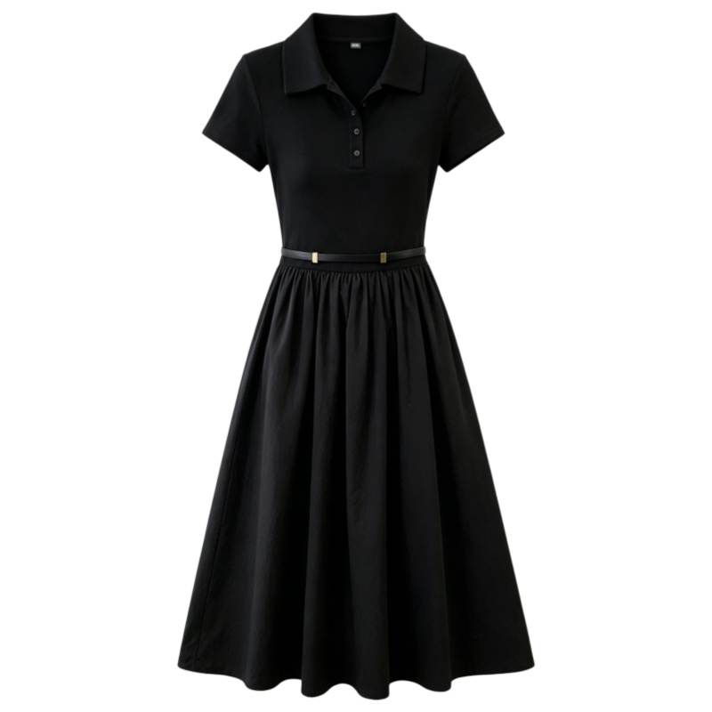 CPAURA Short Sleeved Dresses Women's Black Lapel Moderate Midi Skirt A Line Skirt